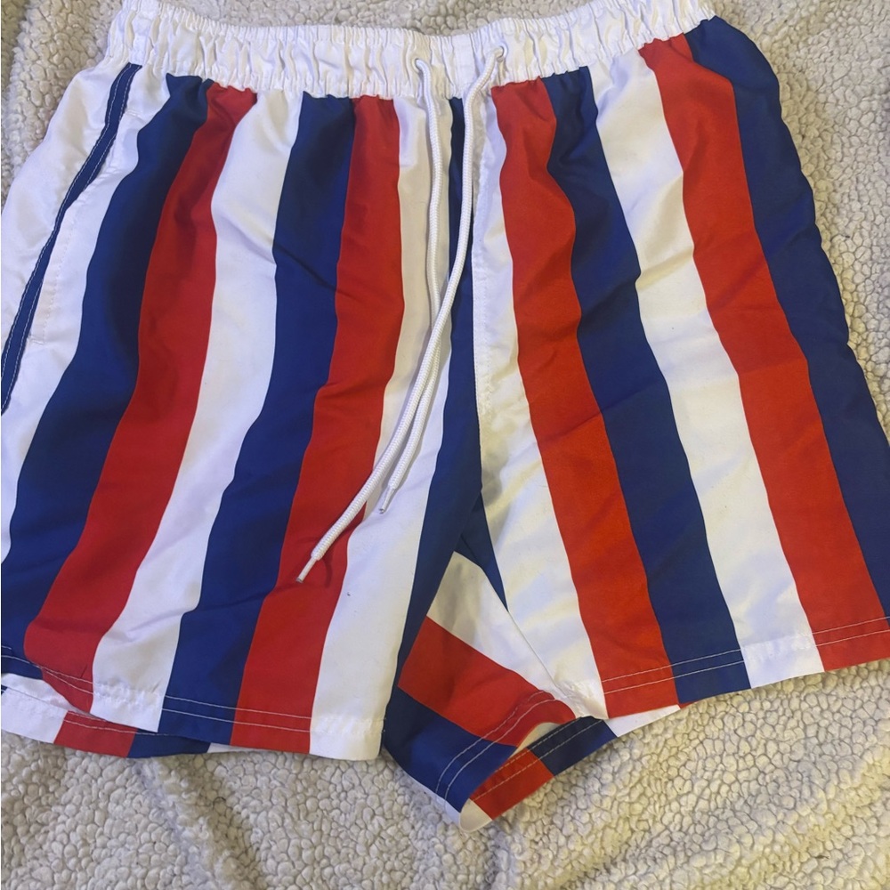 Striped Red, Blue, and White Swim Trunks